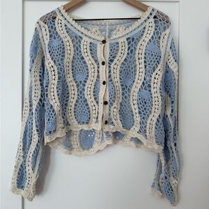 Blue and Cream Crochet Women Sweater